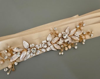 CARA Gold Floral Bridal Belt With Pearls and Crystals 
