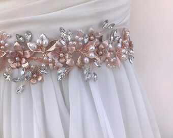 Bloemen kristal en parel bruids sjerp / bladbloem wijnstok bruiloft sjerp / roségoud, goud of zilver bloem bruiloft riem
