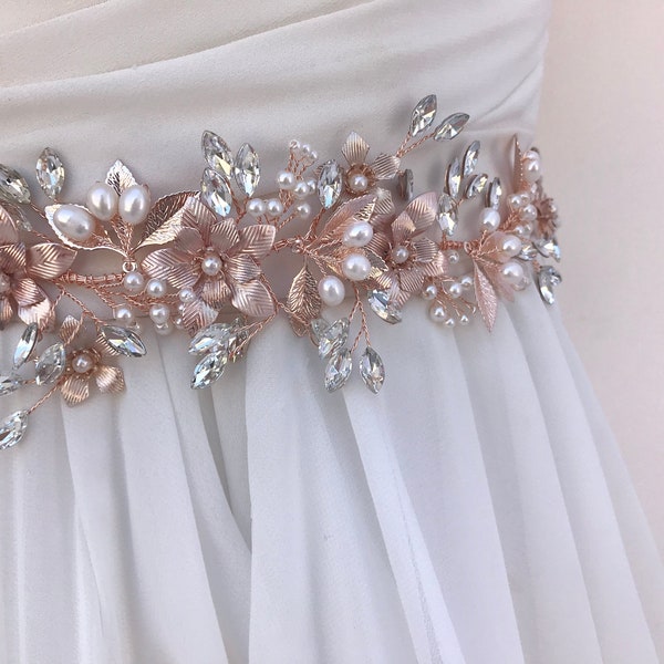 Floral Crystal And Pearl Bridal Wedding Sash / Flower Leaf Vine Wedding Sash / Rose Gold, Gold, Or Silver Flower Wedding Belt