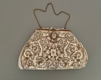 Französische Vintage Perlen-Abendtasche / Elfenbein- und Goldperlen-Abendtasche / Antike Geldbörse / Perlen-Brauttasche / Hochzeits-Clutch / Cocktail-Geldbörse