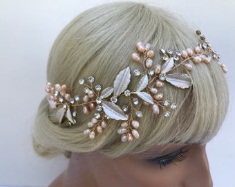 Freshwater Pearl Bridal Hair Vine Crown/  Crystal Leaf Vine Wedding  Headpiece / Blush Pearl Headband / Boho Halo / Flower Wedding Wreath
