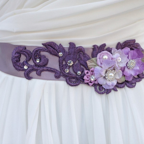 Flower Bridal Sash, Wedding Sash in Laverder And Vintage Plum with Swarovski Crystals and Pearls, Wedding Belt