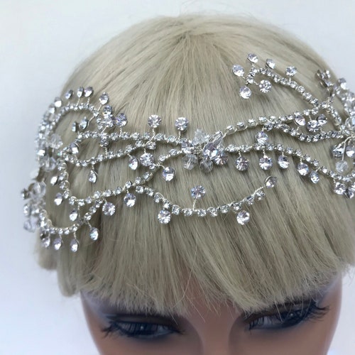 Silver Crystal & Rhinestone Hair Vine / Crystal Wedding shops Hair Vine / Bridal Ribbon Wedding Headband / Silver Bridal Headpiece / Leaf Vine