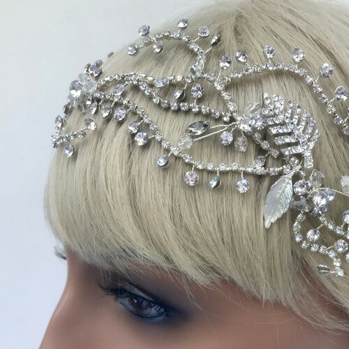 Silver Crystal & Rhinestone Hair Vine / Crystal Wedding shops Hair Vine / Bridal Ribbon Wedding Headband / Silver Bridal Headpiece / Leaf Vine