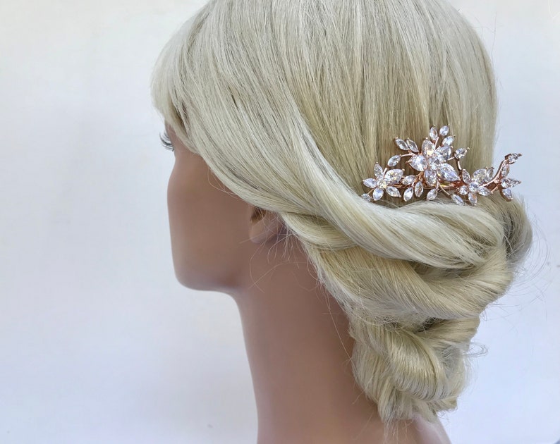 Rose Gold Crystal Floral Bridal Hair Clip Wedding Hair Clip Crystal Flower Leaf Hair Clip Bridal Headpiece Wedding Hairpiece