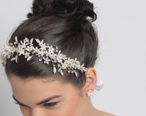 Diadema Da Sposa Con Fiori E Cristalli - Argento, Fatto A Mano, Modello V930
