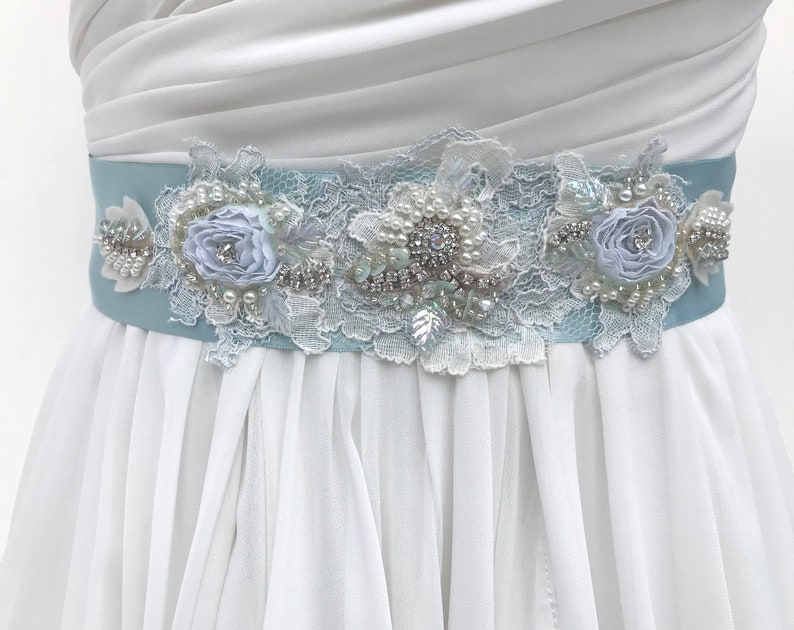 Beaded Lace Bridal Sash / Crystal & Pearl Wedding Sash / Aqua Etsy
