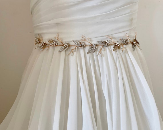 Long Crystal Vine Wedding Sash: Floral Pearl Bridal Belt  display picture 3