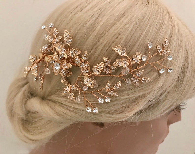 Crystal Flower Leaf Wedding Hair Clip Bridal Hair Clip Crystal Bridsl Hair Clip Gold Bridal Hair Vine Boho Floral Vine Hairpiece