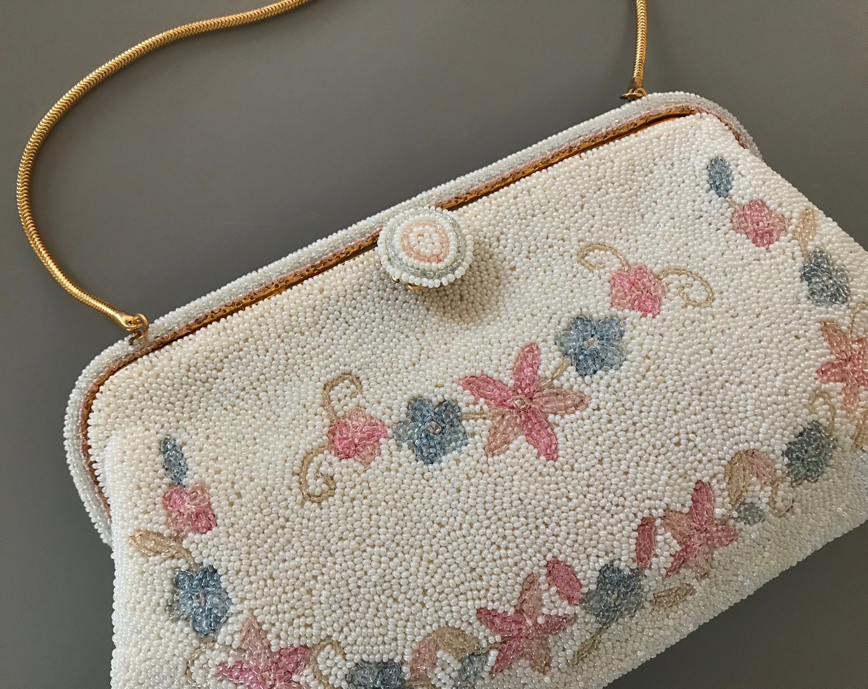 French Evening Bag - White Beaded Formal Purse with Pastel Enamel Flow –  Vintage Vixen Clothing