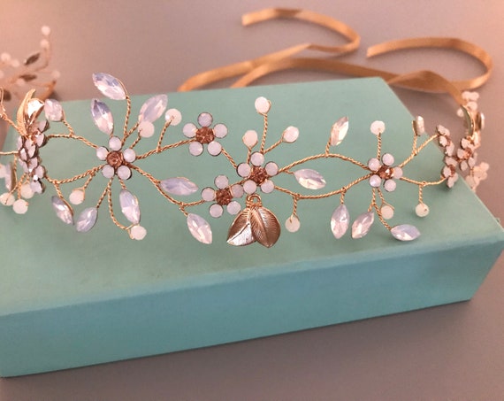Crystal and Opal Flower Headpiece or Belt Opal Flower Bridal Sash & Headpiece: Blush Crystal Wedding  main image 3