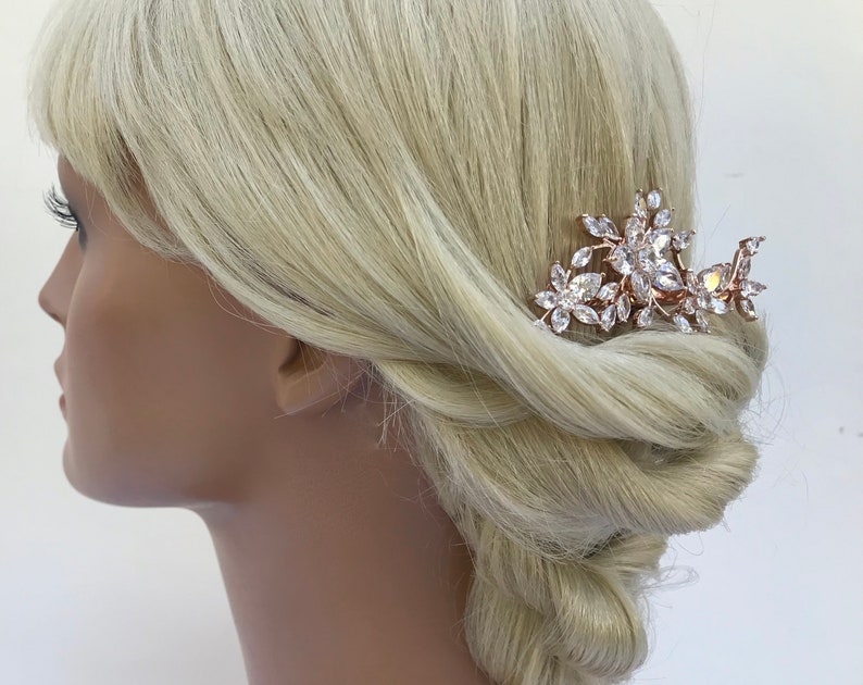Rose Gold Crystal Floral Bridal Hair Clip Wedding Hair Clip Crystal Flower Leaf Hair Clip Bridal Headpiece Wedding Hairpiece