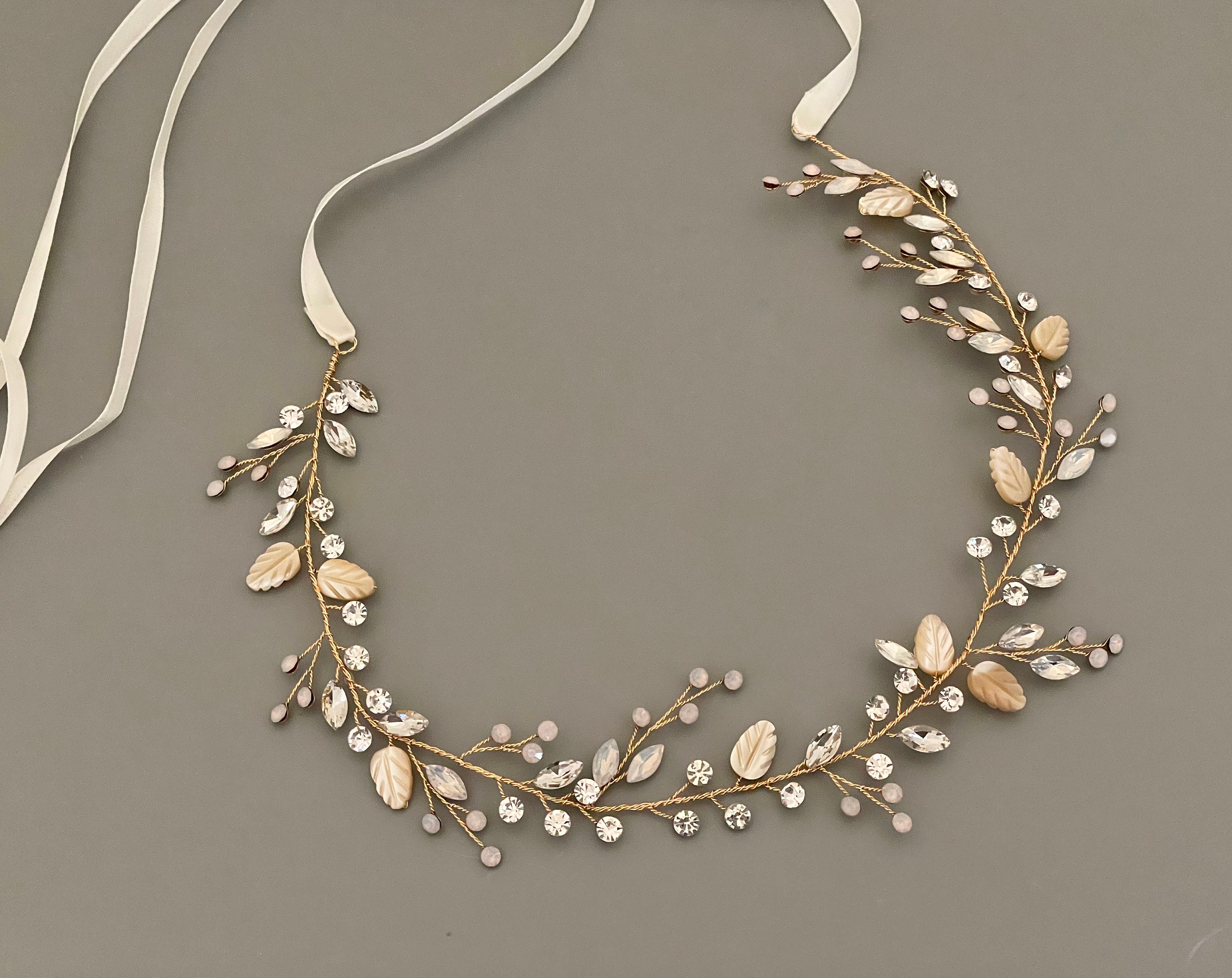Crystal Bridal Hair Vine: Gold Leaf Wedding Headband