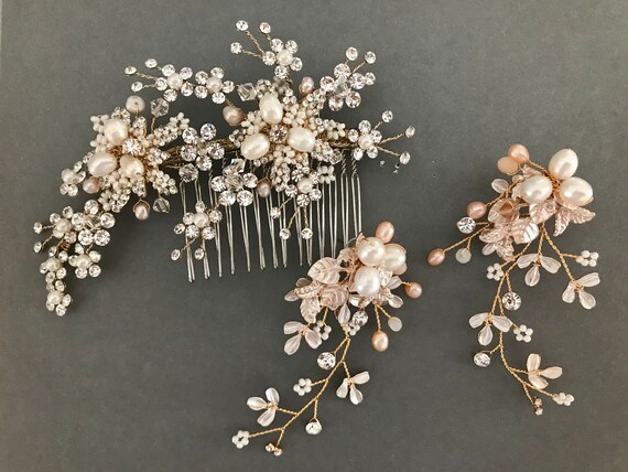 Swarovski Crystal Pearl Bridal Hair Comb & Earring Set  display picture 1