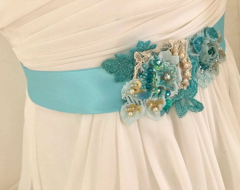 Beaded Lace Bridal Sash Wedding Dress Sash Beach Wedding Sash in Carribbean Blue And Nude With Crystals And Pearls