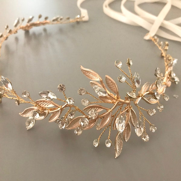 Crystal Bridal Tiara Crown  /Floral Bridal Headpiece / Wedding Crown / Crystal Headband / Bridal Hair Vine /  Champagne Gold /  Silver