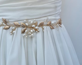 Fijne zoetwaterparel bruids sjerp / boho wijnstok bruiloft riem / botanische bloemen bruiloft sjerp / parel bruids riem / roségouden bruiloft sjerp