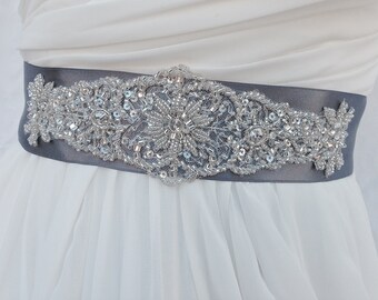 Crystal Beaded Bridal Wedding Sash /  Grey Beaded Bridal Sash /  Wedding Dress Sash / Crystal Bridal Belt / Wedding Belt