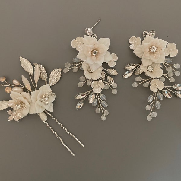 Floral Bridal Hairpin & Earring Set / Freshwater Pearl Hair Pins / Porcelain Flower Statement Earrings / Floral Crystal Wedding Jewelry /