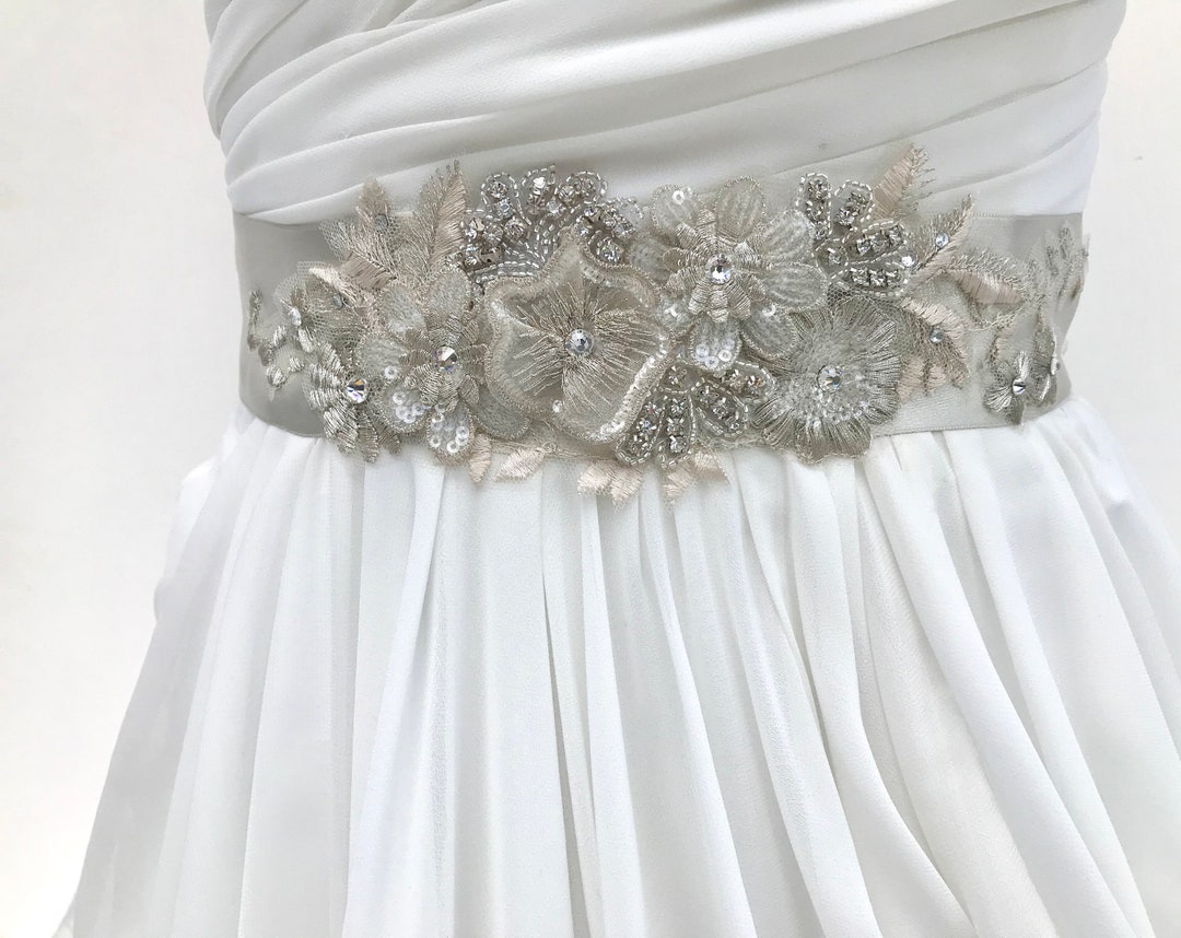 Floral Crystal Bridal Sash: Embroidered Wedding Dress Belt.silver - Etsy