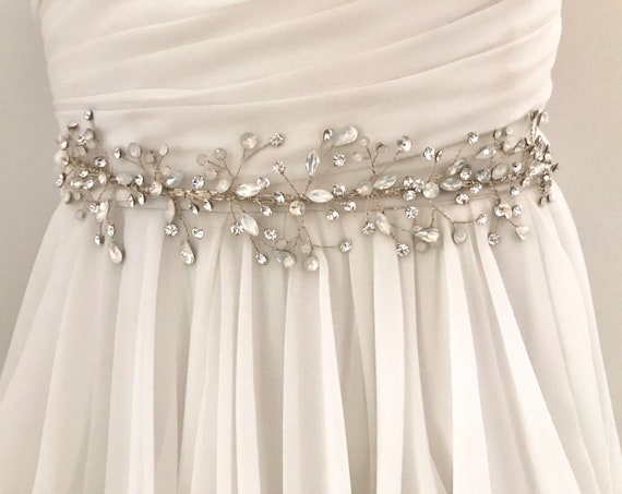 Jeweled Sash with Swarovski elements Designer bridal wedding dress fabric sash white Swarovski  main image 3
