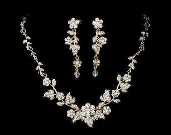 Crystal Pearl Floral Bridal Jewelry Set: Gold Flower Vine Necklace & Earrings