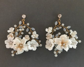 Flower Hoop Earrings / Floral Wedding Earrings /  Opal Crystal Floral Earrings / Flower Statement Earrings / Ivory Bridal Dangle Earrings