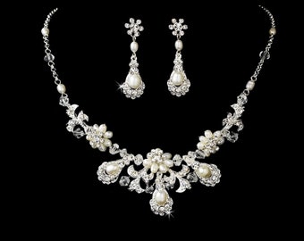 Freshwater Pearl & Crystal Bridal Jewelry Set: Floral Wedding Necklace, Silver