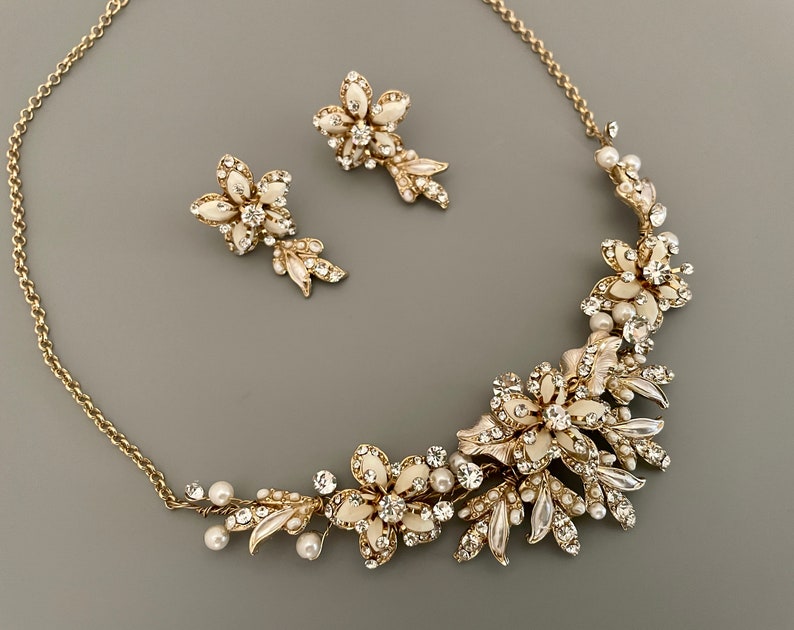 Swarovski-kristaller med halsband och örhängen: Bröllopssmycken i champagnefärgat guld bild 2
