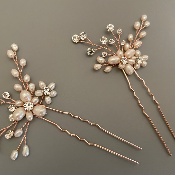 Floral Pearl Bridal Hair Pin / Flower Bridal Hair Pins / Floral Wedding Hair Pin / Crystal Flower Hair Pins / Freshwater Pearl Hair Pins