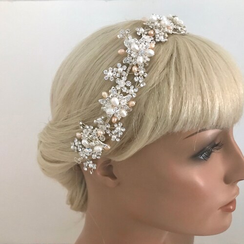 Freshwater Pearl & Crystal Bridal Hair Vine Headpiece / Blush Champagne Ivory / Swarovski Crystal / Wedding Crown / shops Crystal Headband / Halo