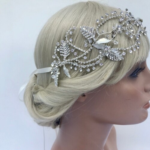Silver Crystal & Rhinestone Hair Vine / Crystal Wedding shops Hair Vine / Bridal Ribbon Wedding Headband / Silver Bridal Headpiece / Leaf Vine