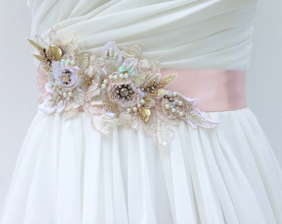 Blush Wedding Sash: Beaded Lace, Crystal & Pearl Bridal Belt  display picture 3
