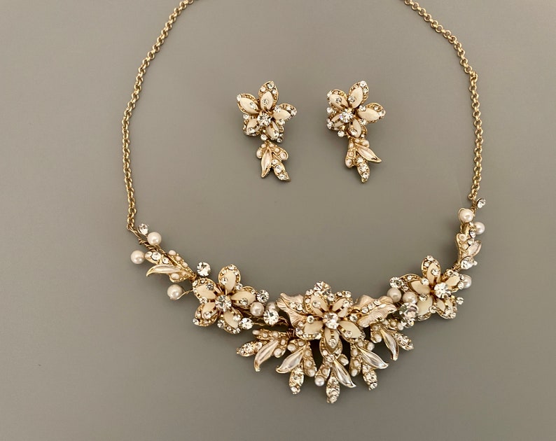 Swarovski-kristaller med halsband och örhängen: Bröllopssmycken i champagnefärgat guld bild 9