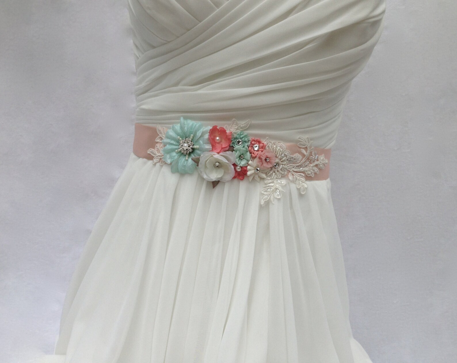 Floral And Lace Bridal Sash Wedding Sash In Peachy Pink Ivory Etsy