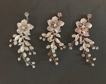 Floral Crystal Pearl Bridal Statement Earrings / Silver Boho Bridal Earrings  /  Pearl Flower Leaf Earrings / Chandelier Wedding Earrings