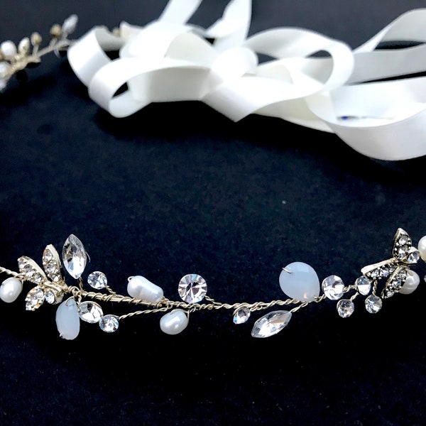 Delicate Crystal And Freshwater Pearl Wedding Sash / Opal Crystal Vine Bridal Sash /  Skinny Pearl Wedding Belt / Boho Crystal Bridal Sash