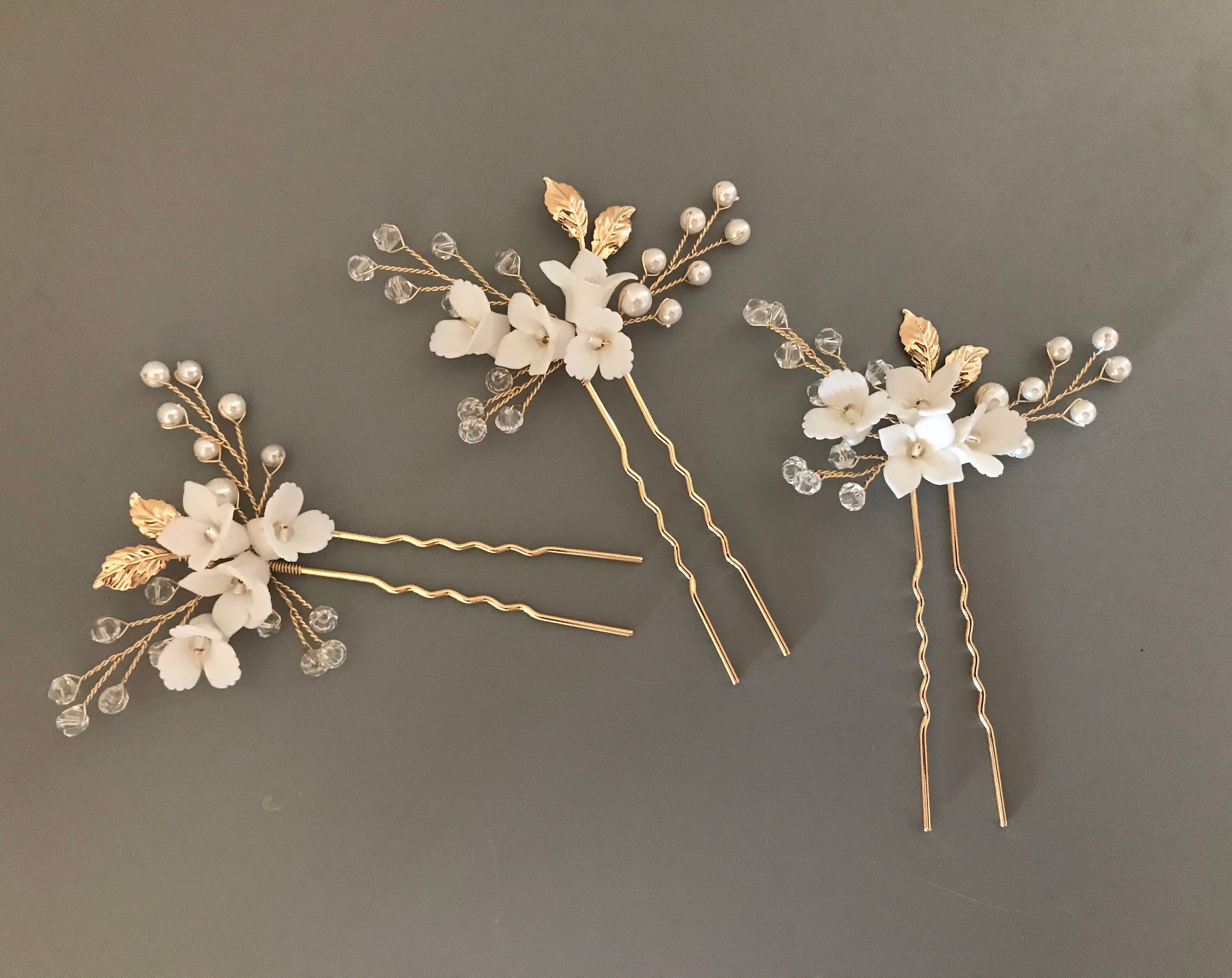 Floral Crystal & Pearl Bridal Hair Pin Set of 3 / Ivory Etsy