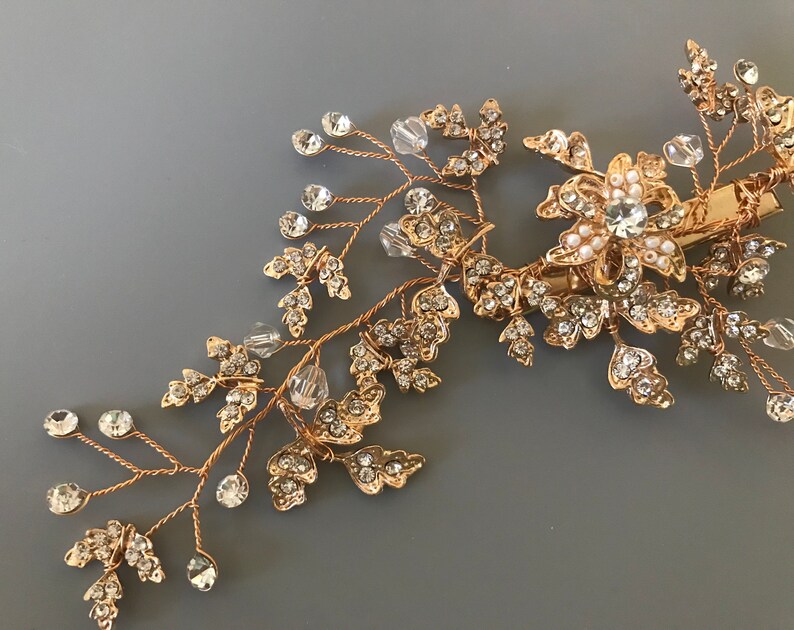 Crystal Flower Leaf Wedding Hair Clip Bridal Hair Clip Crystal Bridsl Hair Clip Gold Bridal Hair Vine Boho Floral Vine Hairpiece