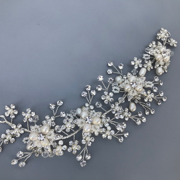 Crystal And Freshwater Pearl Bridal Hair Vine Headpiece / Pearl Wedding Crown / Crystal Headband / Flower Hairpiece / Crystal Hair Piece