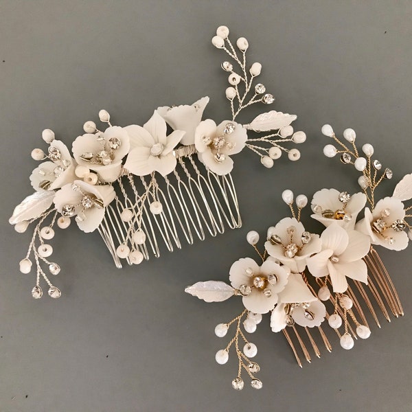 Porcelain Floral Crystal Bridal Hair Comb / Ivory Flower Pearl Hair Comb / Flower Wedding Hairpiece / Gold Flower Comb /Flower Bridal Comb