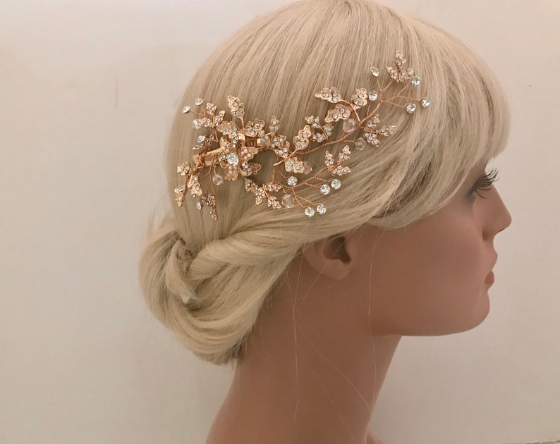 Crystal Flower Leaf Wedding Hair Clip Bridal Hair Clip Crystal Bridsl Hair Clip Gold Bridal Hair Vine Boho Floral Vine Hairpiece