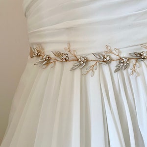 Long Crystal Vine Wedding Sash: Floral Pearl Bridal Belt