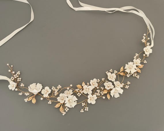 Porcelain Floral Bridal Hair Vine: Gold Pearl Vine Headpiece  display picture 1