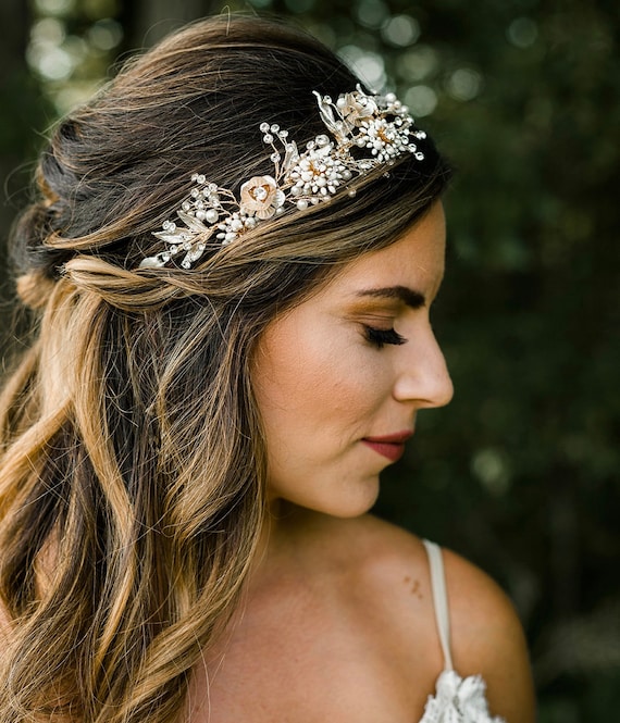 Bride Crystal Large Flower Leaf headpiece wedding Amazon.com : HONGMEI Bridal Rhinestone Headpiece for Wedding  main image 2