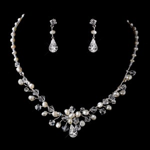 Swarovski Crystal & Freshwater Pearl Bridal Necklace Earring Set / Floral Pearl Necklace Set /Wedding Jewelry Set / Bridal Jewelry
