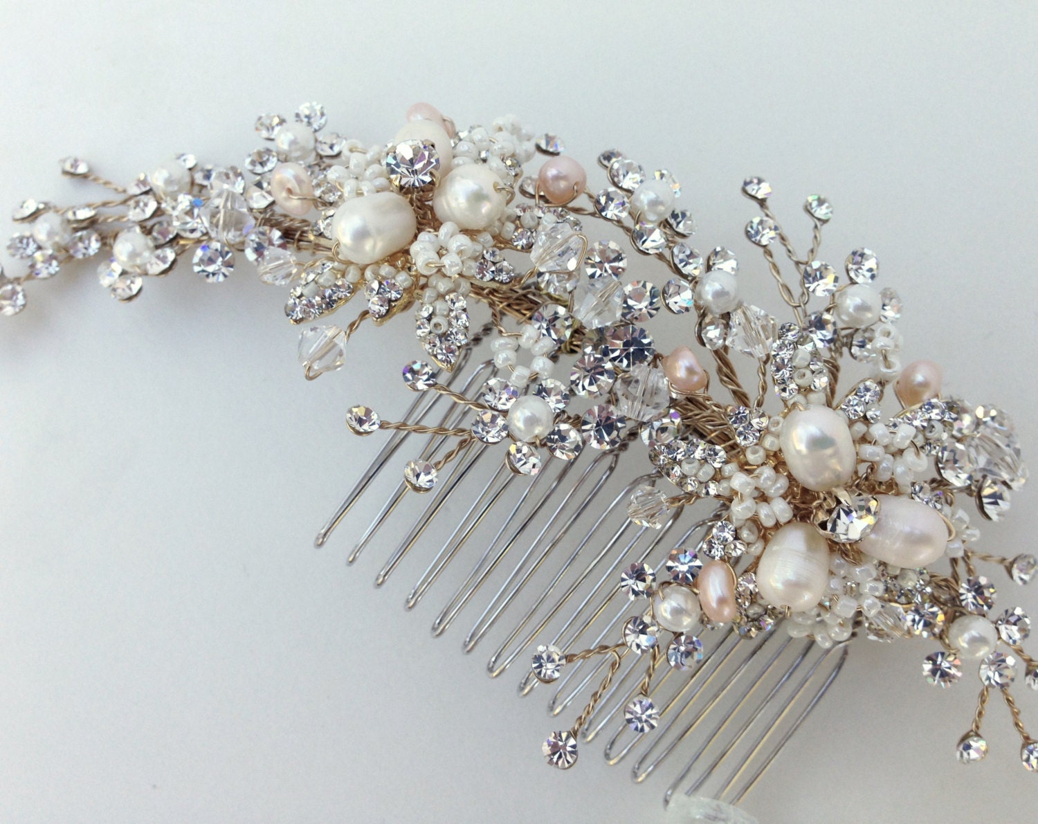 Champagne Gold Ivory Rhinestone Pearl Wired Floral Prom Bridal Wedding Hair Comb 