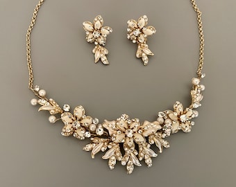 Swarovski Crystal Bridal Necklace Earring Set: Champagne Gold Wedding Jewelry