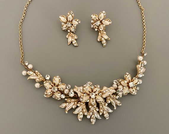Swarovski Crystal Bridal Necklace Earring Set: Champagne Gold Wedding Jewelry