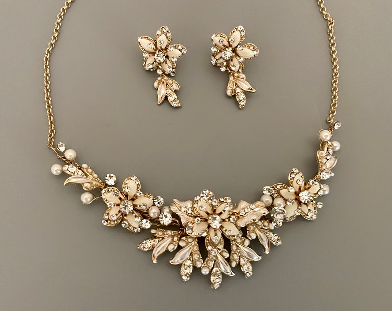 Swarovski-kristaller med halsband och örhängen: Bröllopssmycken i champagnefärgat guld bild 1